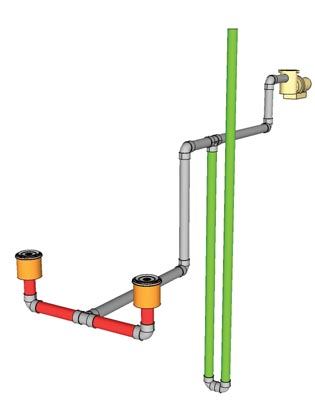 Individually tailored: Vent-line

configurations should be determined by a qualified engineer based

on the project parameters. This example branches down several feet

before going up to atmosphere, to prevent the line from evacuating

when the pump turns on.