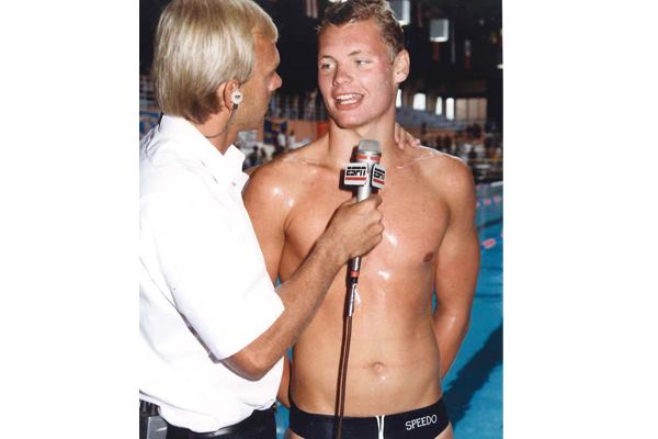 The champ: After breaking the U.S. record in the 400m freestyle at the 1986 World Championship Trials, Jorgensen speaks with ESPN. Today (inset) he’s vice president of sales at S.R. Smith.