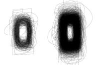 A study in shapes: Outlines of pools identified through aerial images were hand-drawn. Shapes were oriented according to their longest axes and overlaid on top of each other. The result gives each neighborhood a sort of swimming pool "fingerprint." Left: Beverly Grove, 296 pools; Right: Beverly Hills, 2481 pools