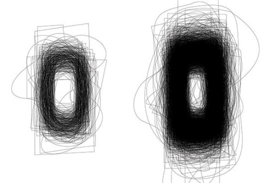 A study in shapes: Outlines of pools identified through aerial images were hand-drawn. Shapes were oriented according to their longest axes and overlaid on top of each other. The result gives each neighborhood a sort of swimming pool "fingerprint." Left: Beverly Grove, 296 pools; Right: Beverly Hills, 2481 pools