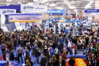 On exhibit: Attendees enter the show floor at the Atlantic City 
Convention Center to check out the latest pool and spa products and 
services.