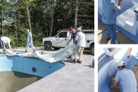 A project unfolds: Paquette Pools, in Hooksett, N.H., unfurls a liner. Vinyl liner installations are challenging because one false move could mean hours of repairs, sometimes a whole new liner. Seen here, the Paquette crew installs a faceplate around a set of stairs.