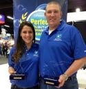 Jamie Gaumond and John Oldfield with their awards after being declared the 2015 Pleatco Perfect Pool Gal and Guy at the PSP Expo.