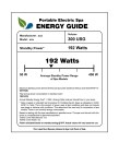 The 411 on labels: This sample label depicts the information that 
manufacturers will need to provide for their spas. The labels will 
indicate how an individual spa’s energy efficiency rate compares with 
all other spas. In the example shown, 192 watts falls in a range of 
power ratings.