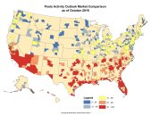 This heat map shows the activity levels in various markets throughout the U.S. Red indicates busier areas, while blue is slower.