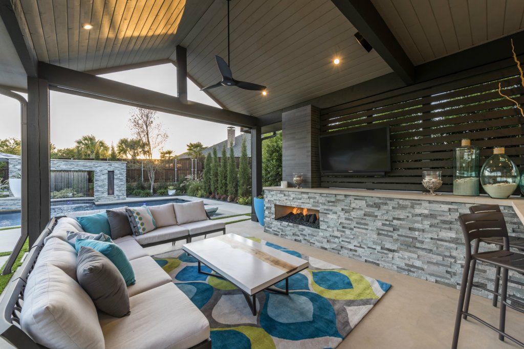 Pool and backyard by Randy Angell Designs, built by AquaTerra Outdoors, both in Plano, Texas.