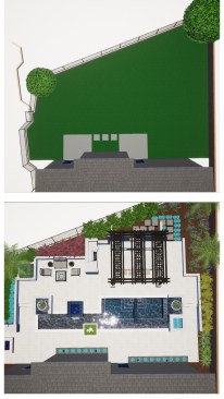 As California’s drought intensifies, industry professionals must do what they can to dispel myths about pools and water use. For one, explain that converting an area covered by lawn, left, into a pool with significant hardscape, right, can significantly reduce watering.