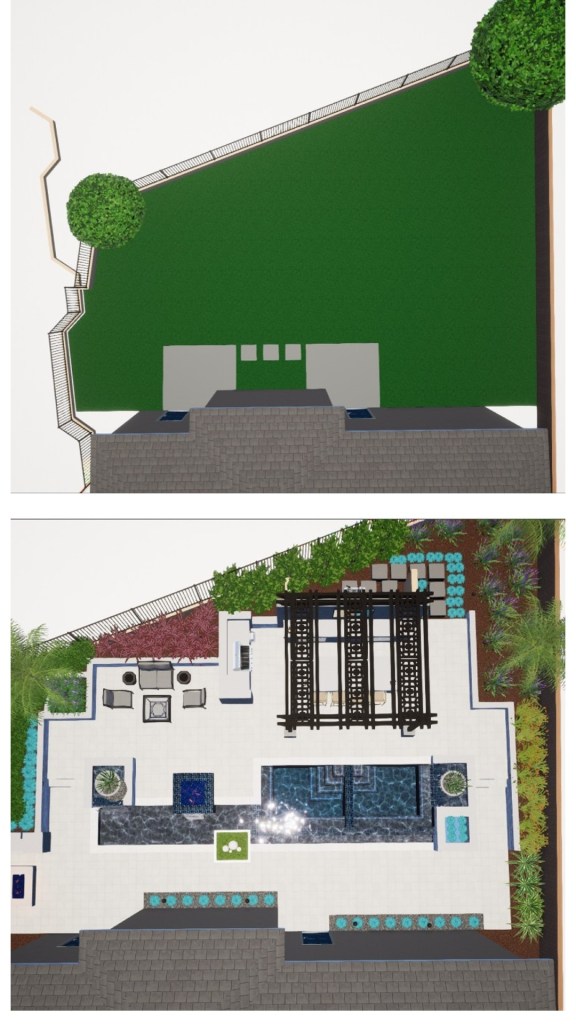 As California’s drought intensifies, industry professionals must do what they can to dispel myths about pools and water use. For one, explain that converting an area covered by lawn, left, into a pool with significant hardscape, right, can significantly reduce watering.