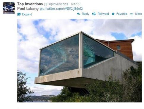 @TopInventions wows with this shot of a glass pool balcony. We wonder if this is real. How would one even begin to construct it? Equally awesome and scary. Would you swim in this? #PSNSocialSocial