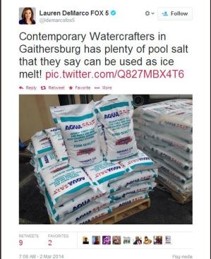 @ETaylor889 retweeted this shot originally posted by 
@ldemarcofox5, who somehow got wind of Contemporary Watercrafters' stash of pool salt that could be used to melt snow. And the folks living in the Gaithersburg, Md., region sure needed it after they winter they have had. #PSNSocialService