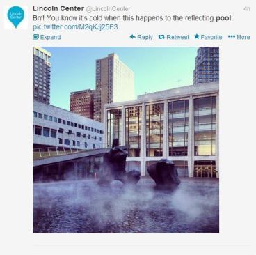 While the  
@poolspanews  crew is lucky enough to enjoy the warm winter L.A. weather, we can't help but feel for those who are suffering during the Polar Vortex of 2014. The harsh weather is certain to impact thousands of pools and other waterfeatures throughout the country, including famous landmarks like the pool in front of 
@LincolnCenter . #PSNSocialService