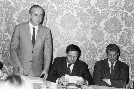 The Northeast Spa and Pool Association holds its first meeting in 1958, where Edward P. Wagner (standing) was elected the first president. 