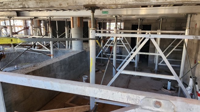 An intricate shoring system is used to support forms for the grotto deck.