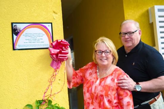 During the ceremony, the Naz Children's Centre unveiled a plaque dedicating the playground to the mother of Master Spas' CEO Bob Lauter. His mother "loved kids and spent more than 45 years running the nursery at our church," he said.