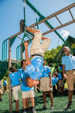Slides, swings, climbing walls and a variety of gymnastics rings provide a myriad of choices and countless physical activity options for the children.