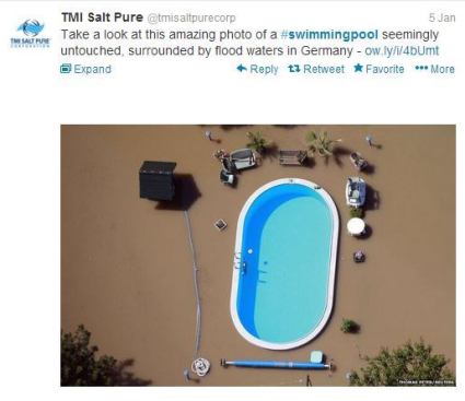 @tmisaltpurecorp shared this image on Twitter of a pool in Germany surrounded by what looks at first glance like perfectly smooth hardscape in a creamy chocolate color but sadly is muddy flood water. #PSNSocialService