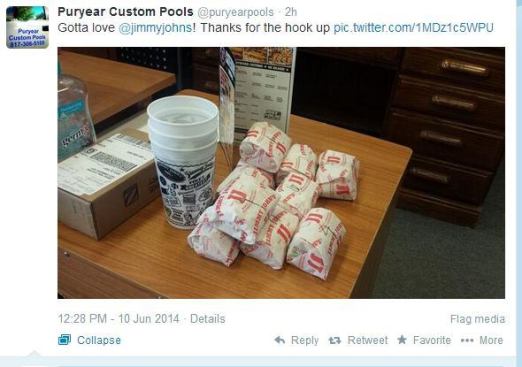 Work hard. Eat hearty. And tweet about it! Looks like 
@puryearpools has friends in important places, like the local sandwich joint. Yum! #PSNSocialService