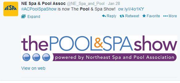 As we recently 
reported, attendees of Atlantic City Pool & Spa Show in January discovered a new look and name for the 33rd annual event. 
@NE_Spa_Pool shared the refreshing new logo, seen here, which reflects the vibe of the renamed event: The Pool & Spa Show powered by the Northeast Spa and Pool Association. Nice work! #PSNSocialService