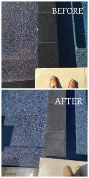 The top photo shows the discolored pebble finish (left side of the photo, on an entry bench). The blue cement binder had turned brick red. The lower image shows the finish after the water received a several-day-long treatment and brought the finish back to blue.