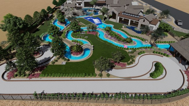 The exterior portion of the go-kart track can be seen in the foreground. 