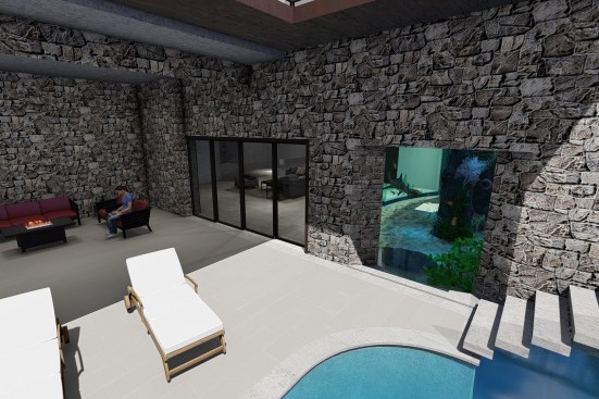 The shark tank as seen from the lower patio, just left of the steps.