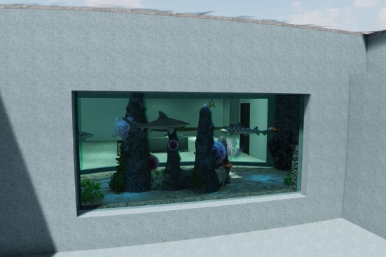 The shark tank as seen from inside the pool. (Rendering)
