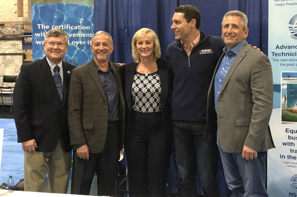 Pictured L-R:  James Mock, interim executive director of the Pool & Hot Tub Foundation; interim PHTA CEO Lawrence Caniglia; APSP Chairman Donna Williams; NSPF Chairman Rob Butcher; APSP Past Chairman Chris Curcio.