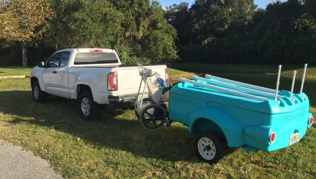 This trailer comes from Pulmor, maker of utility trailers designed for camping, but they also make for a pretty good pool service wagon. Chris Hale, owner of Into the Blue Pools in Southwest Florida, bought it from a pool pro who customized it with PVC pole holsters. It was a descent little rig, but Hale desired more storage, so he upgraded to a larger unit.