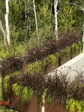 Custom planters add visual interest from above, while creating privacy below.