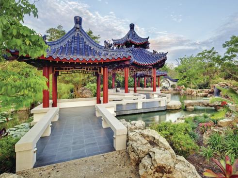 The designers planned a waterfeature with Chinese principals, incorporating other styles and local materials.