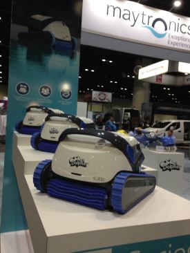 Maytronics displays a line of Dolphin automatic pool cleaners. 