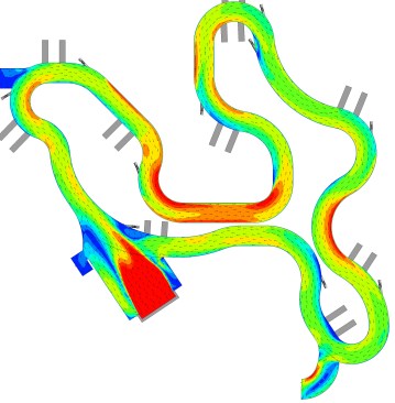 A Computational Fluid Dynamics analysis shows expected water speeds throughout the lazy river. Red is the fastest, at 4.5 to 5 feet per second. Yellow and orange are next fastest. In the dark blue areas the water barely moves, at 0 to 1 fps.