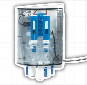 Some chemical feeders, like

the one pictured to the right, include detection systems for water

chemistry parameters like pH and ORP. This enables the feeder

system to dispense chemical doses in direct accordance with

up-to-the-minute data on the demands of the water.