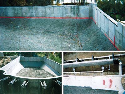 To create a vanishing edge on this vinyl-liner pool (above), Concord Pools built the two walls

pictured here from concrete, with the weir seen on the right. Panels are used for the other walls (left). The catch basin is then formed with panels on three sides, which are bolted to the concrete vanishing-edge wall (right).