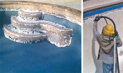 Though some plasterers will

apply a bond coat to the existing surface rather than remove all

the old material, some chipping out still must be performed. 

For example, the plaster or exposed aggregate should be taken out a

few inches below the tile line so that the new material can be

properly feathered in to the right elevation. Above left, virtually

all the plaster has been removed from a set of steps so

there’s enough room to work new material up to the tile.

Above right, crews place tape on the tile to prevent cracking and

act as a guide. They also protect the tile by using smaller

jackhammers there.