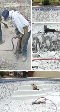 When doing

floor work, crews can use larger equipment and don’t have to

chip at as steep an angle, above left. Walls must be done a little

more delicately, with smaller jackhammers and held at steeper

angles so the material peels off with greater control. This also

protects the tile, which could shatter under the pressure of

stronger equipment.