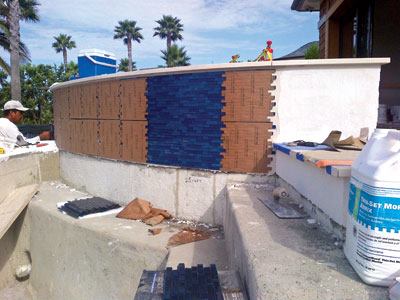 Time investment: Waterproofing is needed any time tile is applied to a surface. The

Tile Council of North America offers suggestions for how to do this. But it can be a time-consuming process: Alan Smith Pool Plastering recently dedicated a four-man crew to this task for eight days on an intricate waterscape with extensive glass tile. He suspects he loses some bids to companies that ignore this step.
