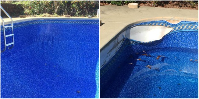 (L) The liner looked fine the day it was installed. (R) The dealer was shocked to discover it had split overnight. That’s why some manufacturers caution against installing below 55 degrees.